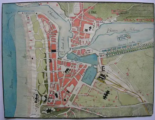 Dieppe Plan de Ville manuscrit Aquarelle Haute-Seine Normandie 1850