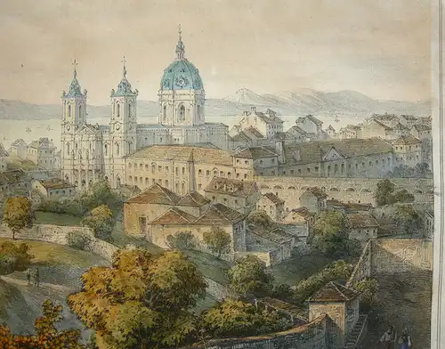 Melk Niederösterreich Stift Melk und Ortsansicht Orig Lithografie um 1840