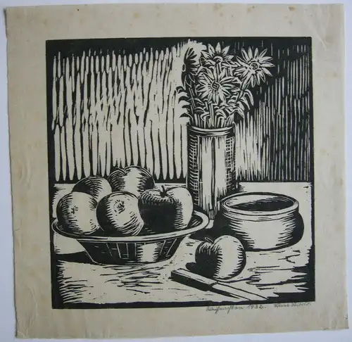 Blumen- und Obststilleben Orig Holzschnitt 1932 signiert Sami Seibold