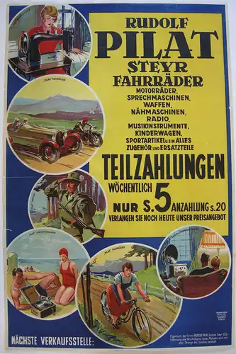 Steyr Fahrräder Nähmaschinen Motorräder Werbeplakat Orig Lithografie 1930