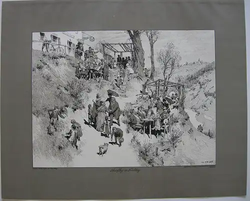 Paul Hey (1867-1952) Ausflug im Frühling Orig Lithografie 1901 steinsigniert