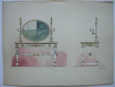 Fritz Linzer Orig Farbzeichnung Entwurf Rokoko Toilettentisch 1906 signiert