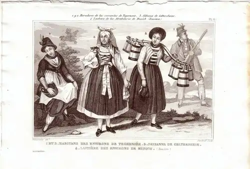 Tegernsee Bayern MilchmädchenTrachten Kostüme Orig Stahlstich 1850 Pardinel