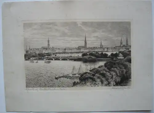 Albrecht Bruck (1874-1964) Hamburg Lombardsbrücke Ansicht Orig Radierung sign