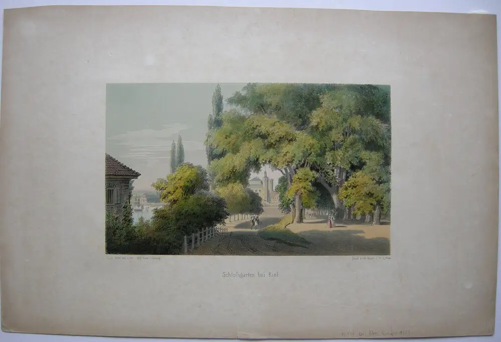 Wilhelm Heuer (1813-1890) Schlossgarten bei Kiel Orig Lithografie bei Plate 1855 0