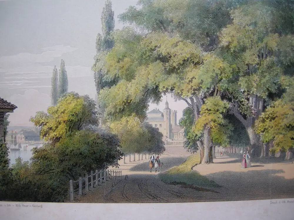 Wilhelm Heuer (1813-1890) Schlossgarten bei Kiel Orig Lithografie bei Plate 1855 1