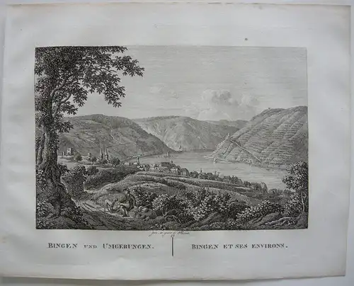 Bingen Ansicht Rhein Orig Kupferstich J. Roux 1822 Rheinland-Pfalz