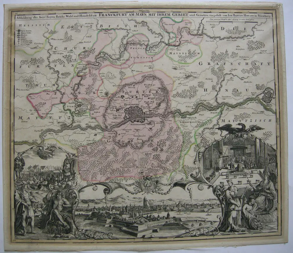 Frankfurt Main Umgebung Panoramaansicht kolor Orig Kupferstichkarte Homann 1724 0