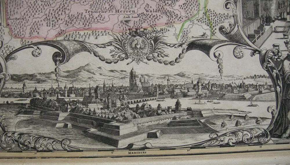 Frankfurt Main Umgebung Panoramaansicht kolor Orig Kupferstichkarte Homann 1724 1