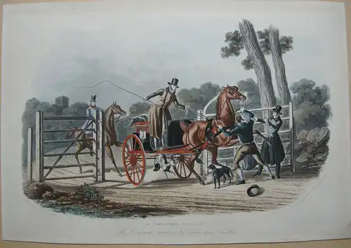 Einspänner Jagdhunde Orig Lithografie 1834 Kutsche England Coach
