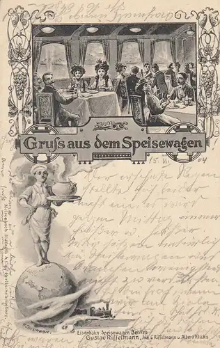 AK Gruß aus dem Speisewagen Eisenbahn gel 1904 Gastronomie