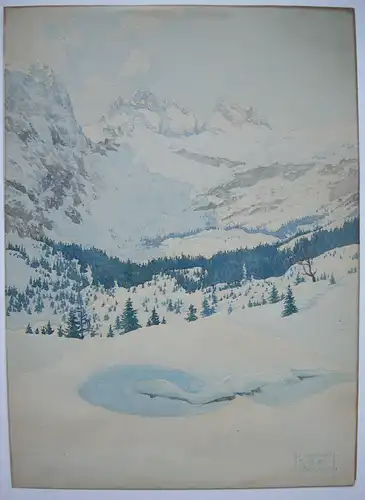 Heinrich Seebach (XIX-XX) Verschneite Alpenlandschaft Orig Aquarell signiert