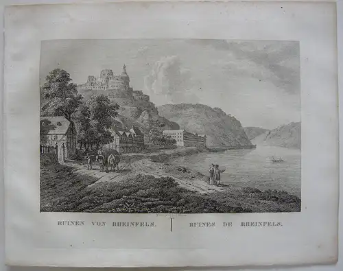 Ruinen Rheinfels Rhein Orig Kupferstich J. Roux 1822 Rheinland Pfalz