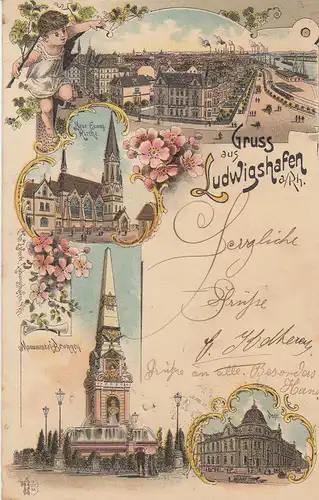 AK Ludwigshafen Ansicht Evang Kirche Post Brunnen Rheinland Pfalz Litho gel 1907