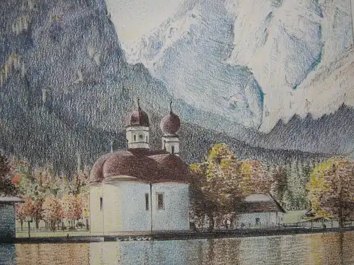 St. Bartholmä Königssee Berchtesgaden Orig Farblithografie Eugen Heinfling 1954