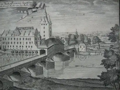 Grimma Gesamtansicht Mulda Steinerne Brücke Sachsen Orig Kupferstich 1780
