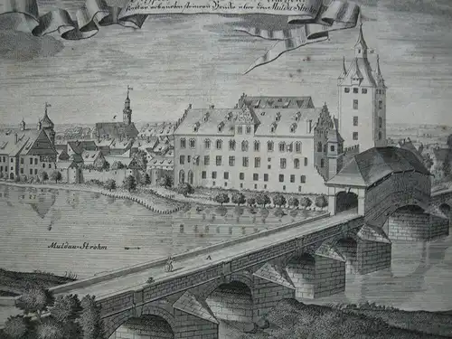 Grimma Gesamtansicht Mulda Steinerne Brücke Sachsen Orig Kupferstich 1780