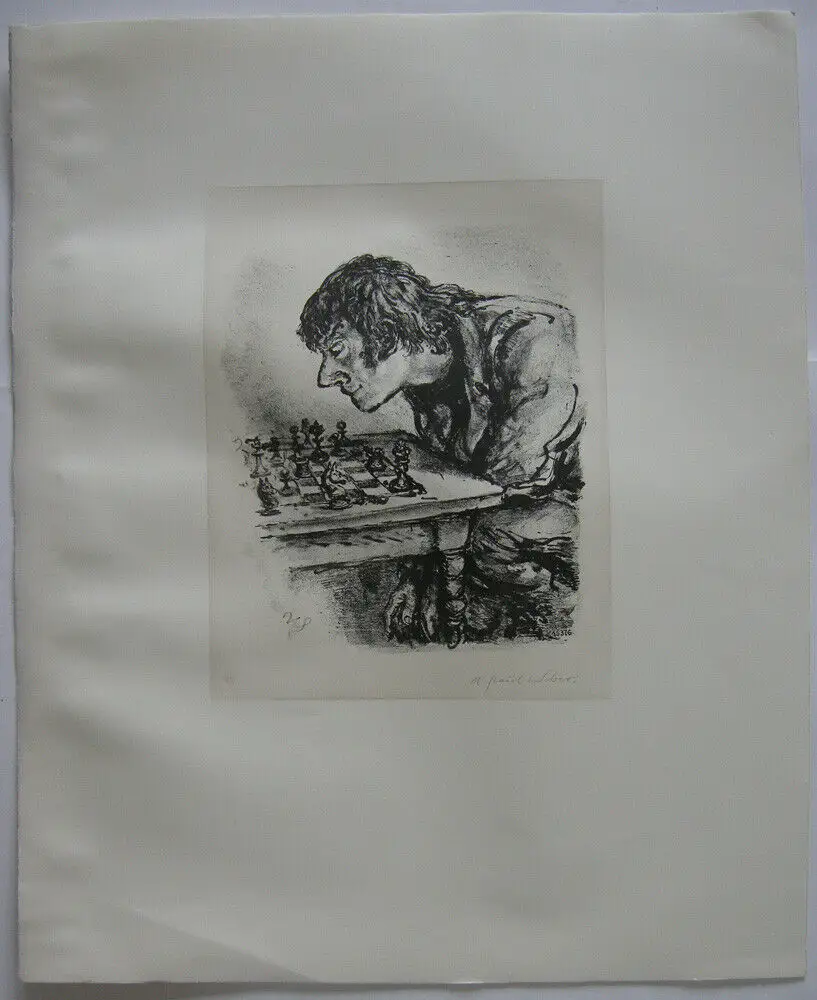 A. Paul Weber (1893-1980) Schachspieler Orig Lithografie 1960 signiert 0
