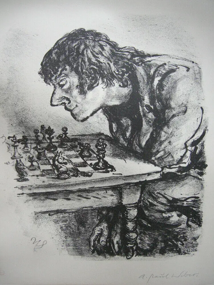 A. Paul Weber (1893-1980) Schachspieler Orig Lithografie 1960 signiert 1