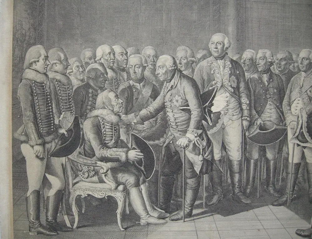 Daniel Chodowiecki (1726-1801) Zieten vor seinem König Orig. Kupferstich 1786 1