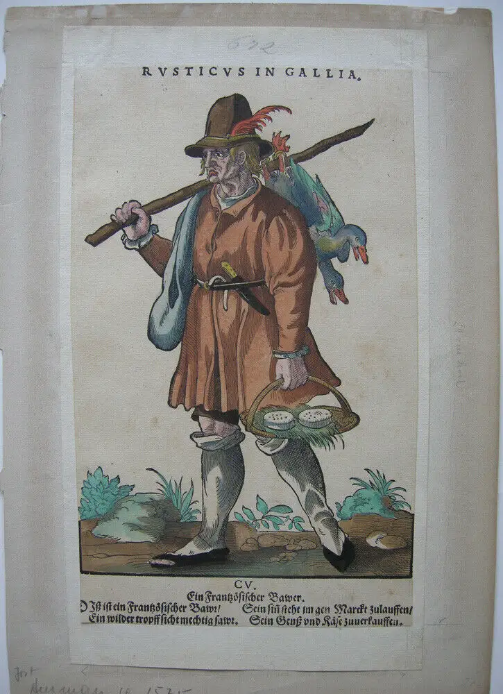 Jost Amman (1539-1591) Französischer Bauer altkolor Holzschnitt 1577 0