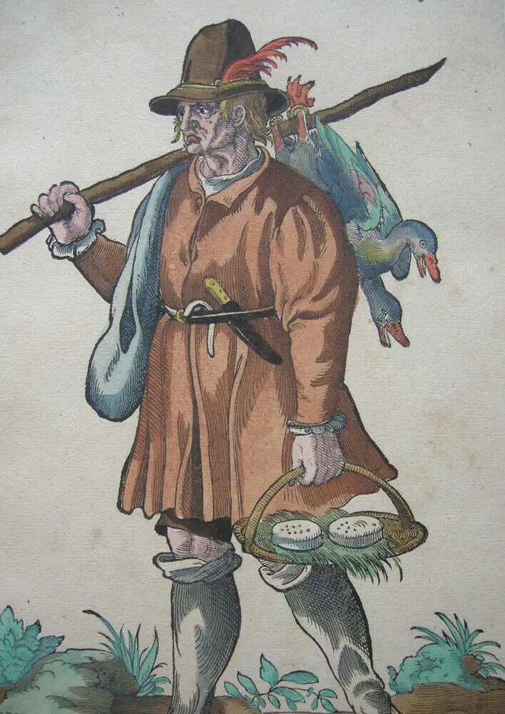 Jost Amman (1539-1591) Französischer Bauer altkolor Holzschnitt 1577 1