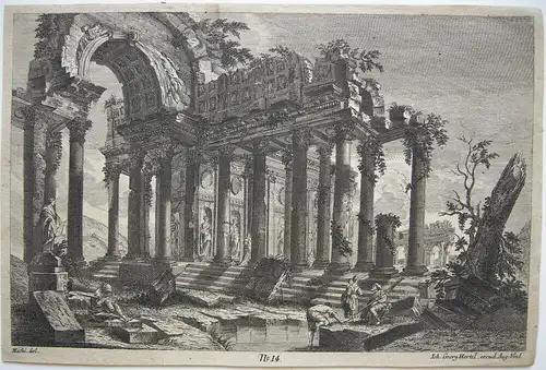 Johann Georg Hertel (1700-1775) Antike Ruinenlandschaft Orig Kupferstich 1750