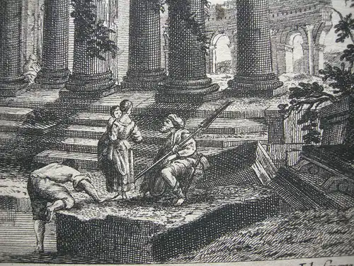 Johann Georg Hertel (1700-1775) Antike Ruinenlandschaft Orig Kupferstich 1750