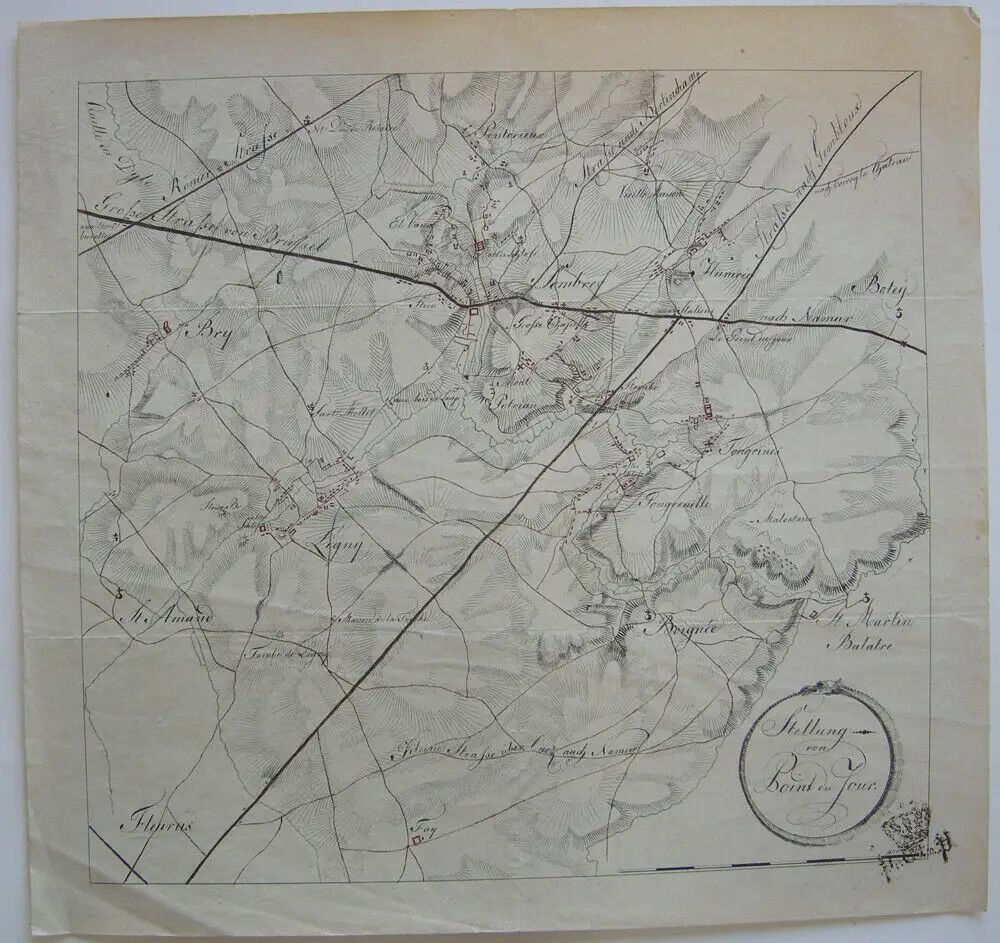 Schlacht bei Ligny Belgien Napoleon Blücher 1815 Manuskript Plan Sombreffe 0