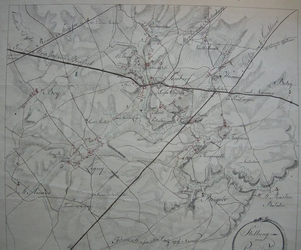 Schlacht bei Ligny Belgien Napoleon Blücher 1815 Manuskript Plan Sombreffe 1