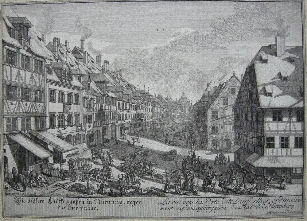 J A Delsenbach Äußere Laufer Gasse Nürnberg Orig Kupferstich 1755 Mittelfranken 1