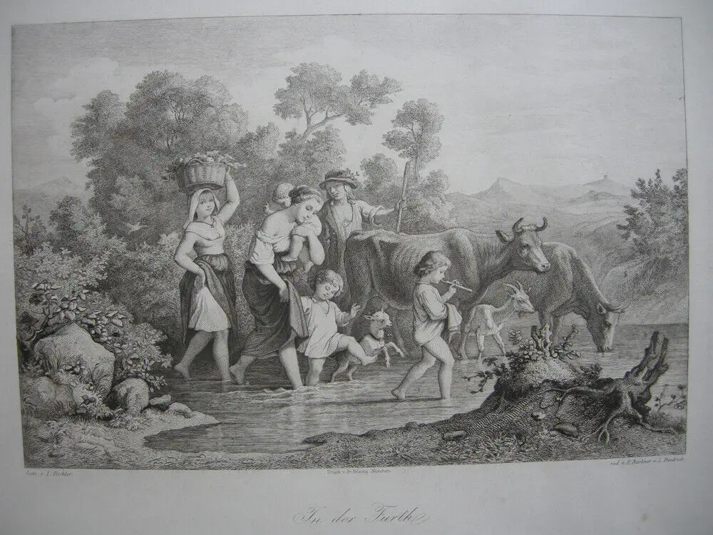 In der Furth Orig Radierung Bürkner nach Ludwig Richter um 1860 Romantik 4