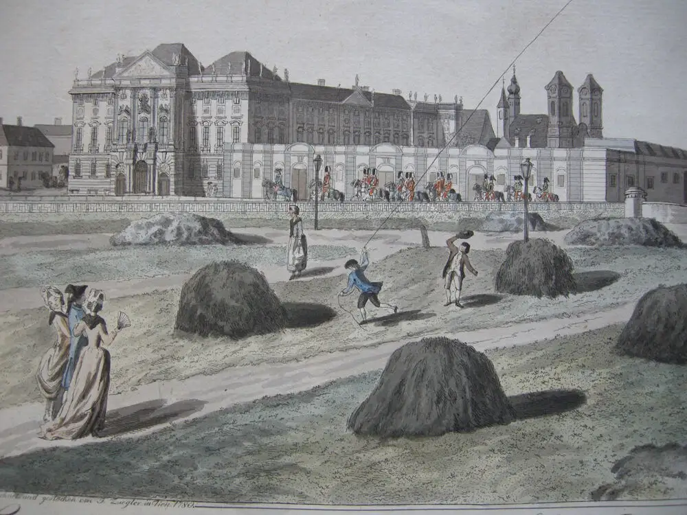 Wien Palais Auersperg Trautson altkolorierte Umrissradierung 1792 Österreich 3
