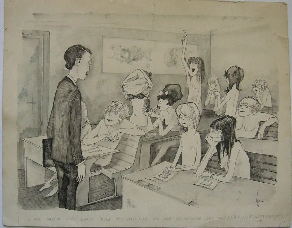 Kurt Halbritter (1924-1978) Karikatur auf Sexualaufklärung 60er Jahre Tuschzeich 0