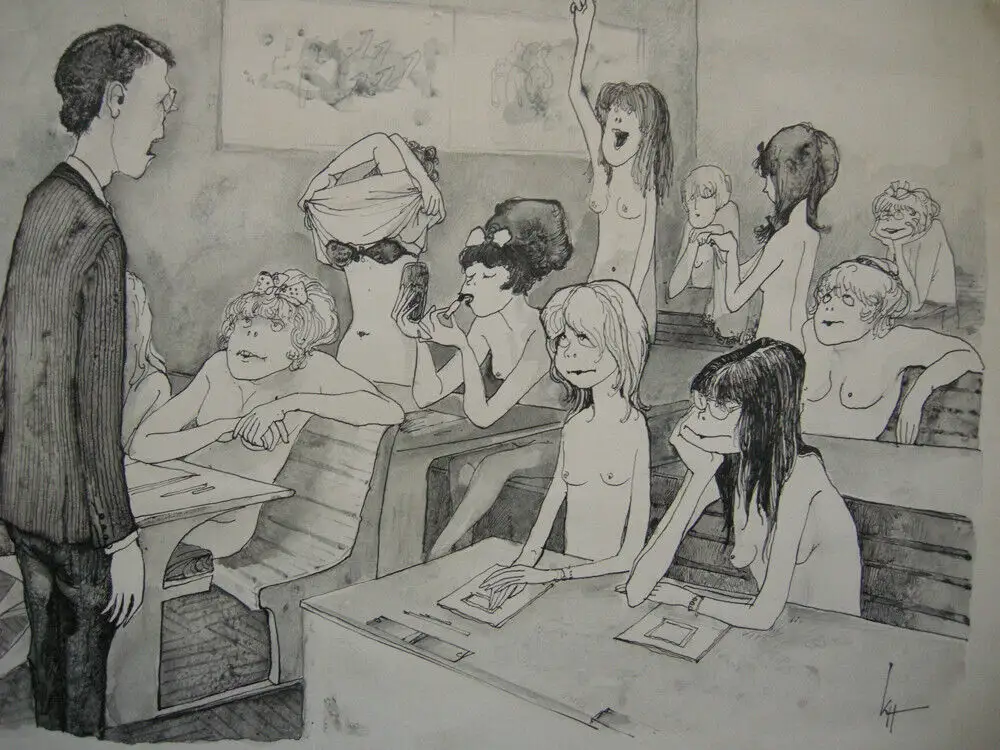Kurt Halbritter (1924-1978) Karikatur auf Sexualaufklärung 60er Jahre Tuschzeich 1
