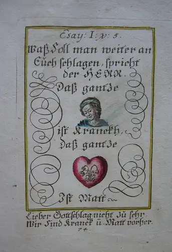 Alkolorierte geistliche Emblemkupferstiche Bodenehr krankes Herz Tod Rebus 1699