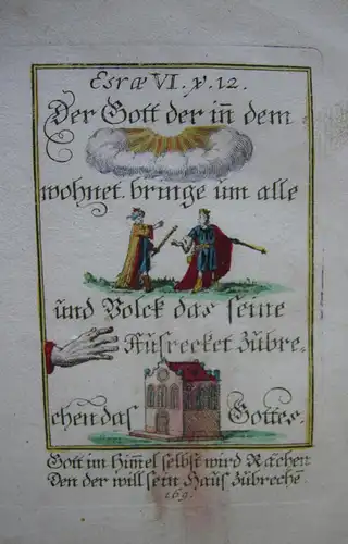 Alkolorierte geistliche Emblemkupferstiche Bodenehr Tod Schwert Rebus 1699