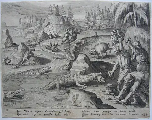 Jan Collaert II (1561-1620) Krokodiljagd Radierung nach Stradanus 1596 F. Galle