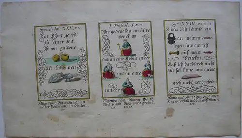 Alkolorierte geistliche Emblemkupferstiche Bodenehr Goldenes Wort Rebus 1699