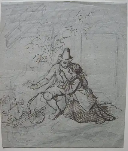 Josef von Camerlohr (1820-1851) Bayerisches Liebespaar Tuschskizze  + Buntsift