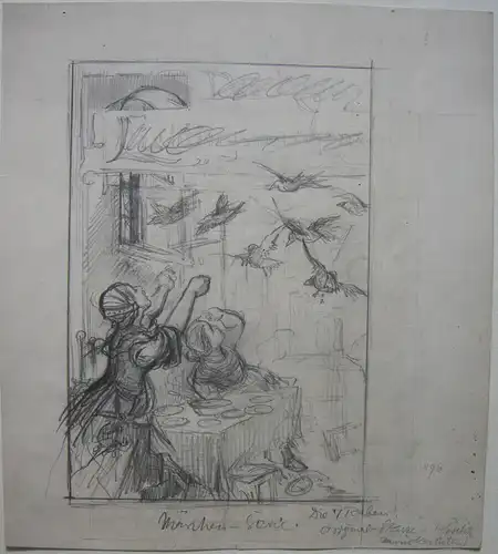 Rudolf Köselitz (1861-1948) Skizze zu Märchen Die 7 Raben Brüder Grimm signiert
