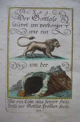 Alkolorierte geistliche Emblemkupferstiche Bodenehr Höhle des Löwen Rebus 1699