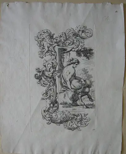 Fauna weiblicher Faun Rokoko Putti Rocaille Arkanthusblätter Kupferstich 1780