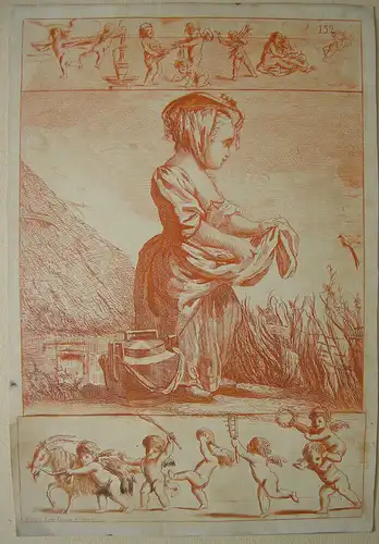 Milchmädchen Putto-Reigen Orig Radierung Röteldruck G. Aubeut um 1800 laitiere