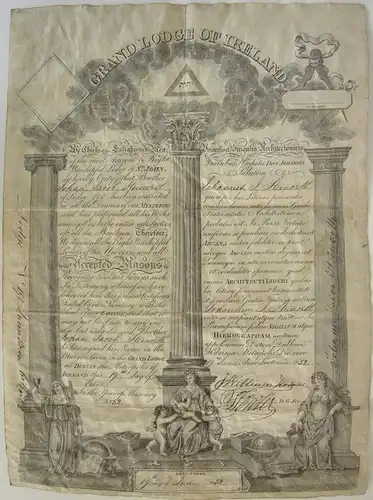 Grand Lodge Ireland Freimaurer Aufnahmeurkunde Joh. Steinorth Pergament 1852