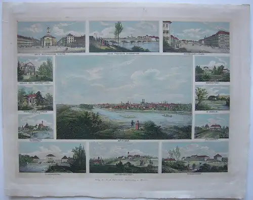 München Souvenirblatt Gesamtansicht Detailansichten kolor Orig Kupferstich 1833