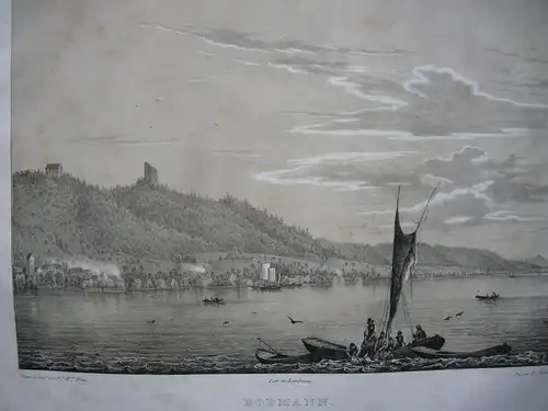 Gesamtansicht Bodman Konstanz Bodensee getönte Lithografie V. Adam 1830