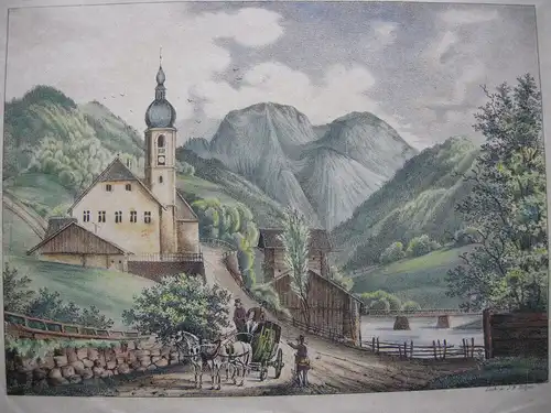 Ramsau Ansicht kolor Orig Lithographie Dilger 1840 Oberbayern Berchtesgaden