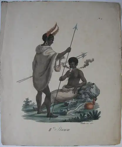 IIter Stamm Afrikanische Krieger altkolor Inkunabel Lithografie Brodtmann 1816