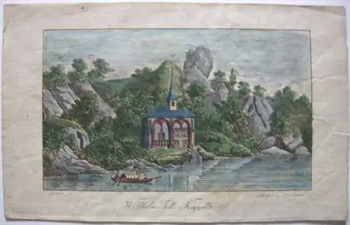 Stammbuchblatt Wilhelm Tell Kapelle Kupferstich Wiederhold 1814 Schweiz